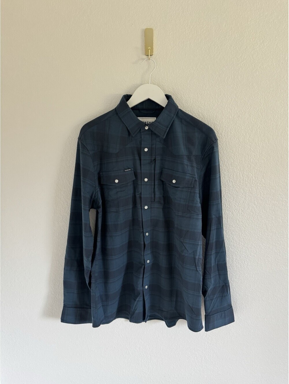 Poncho Powder River Performance Western Pearl Snap Dark Blue Plaid Sz Lg Slim - Picture 2 of 7